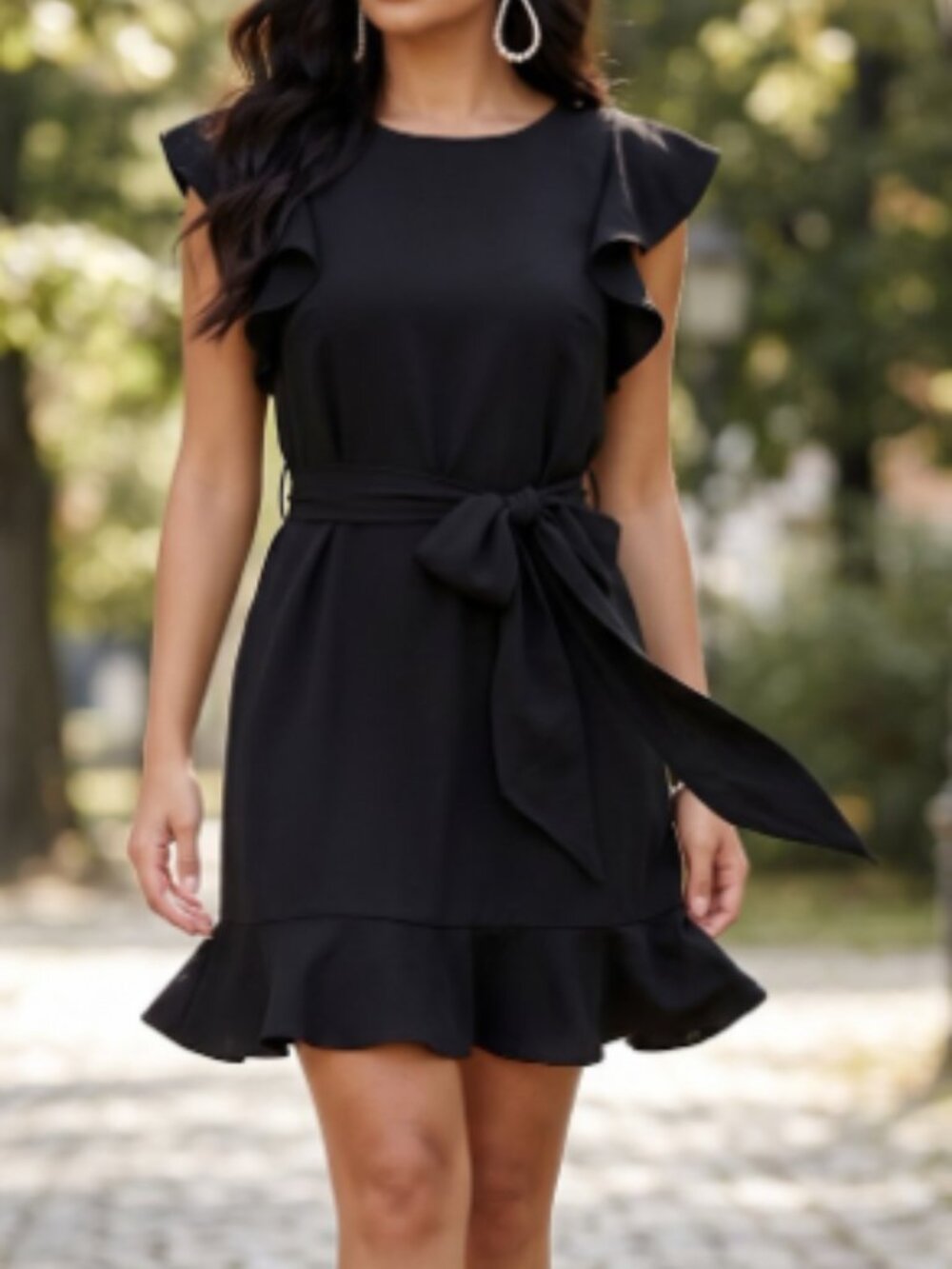 LOFT Black Ruffle Hem Tie-Waist Women's Dress